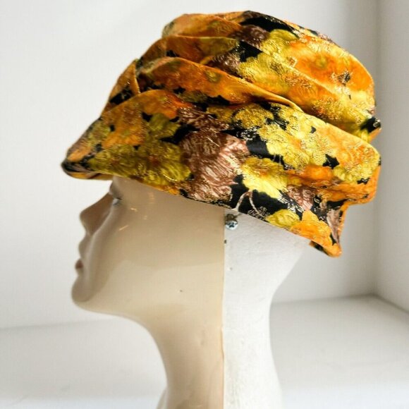 Vintage Custom Made Floral Orange Brown Gold Lurex Pill Box Hat M - Picture 3 of 11